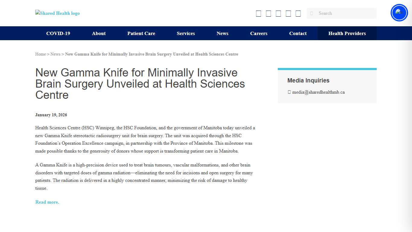 New Gamma Knife for Minimally Invasive Brain Surgery Unveiled at Health Sciences Centre - Shared Health