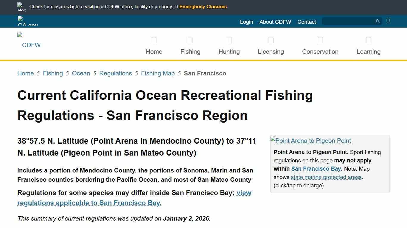 Current California Ocean Recreational Fishing Regulations - San Francisco Region