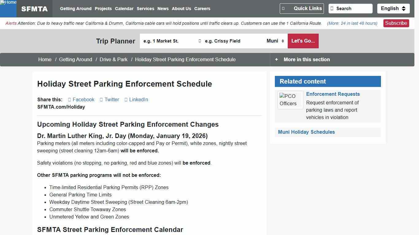 Holiday Street Parking Enforcement Schedule SFMTA